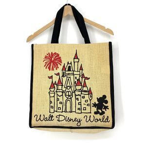 Authentic Walt Disney World Disney Parks Burlap Tote Bag Mickey Mouse Castle